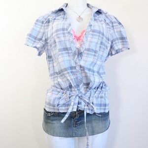 y2k no boundaries blue plaid tie front top metallic thread button up